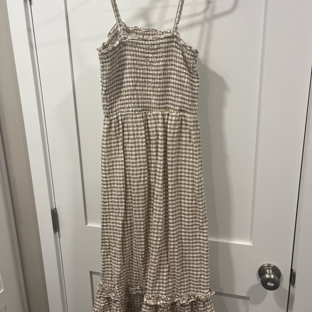 Charming Beige Checkered Kids Dress